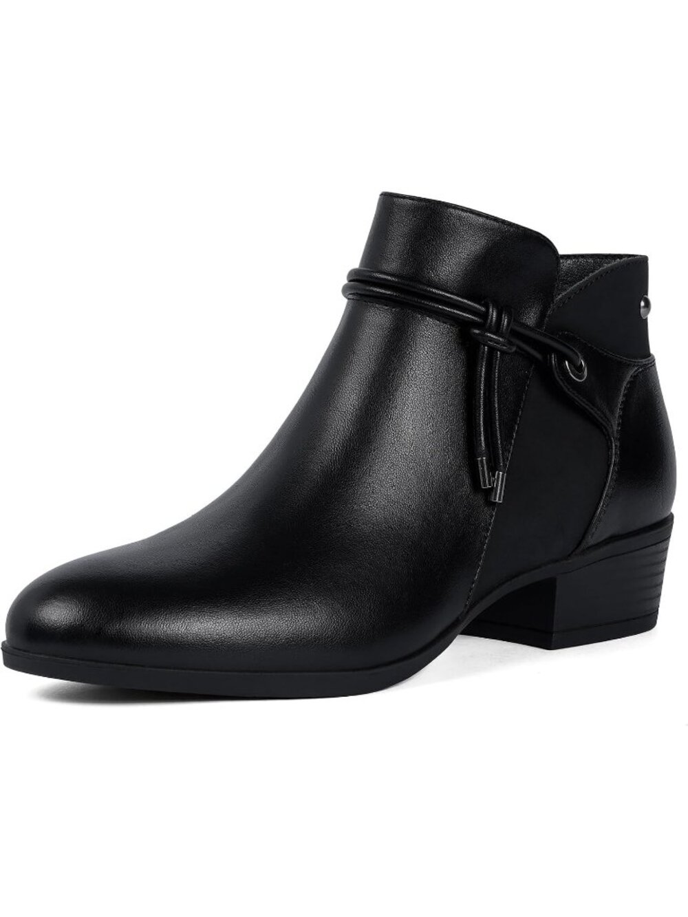 Women's Black Faux Leather Round Toe Low Heel Side Zipper Dress Ankle Booties